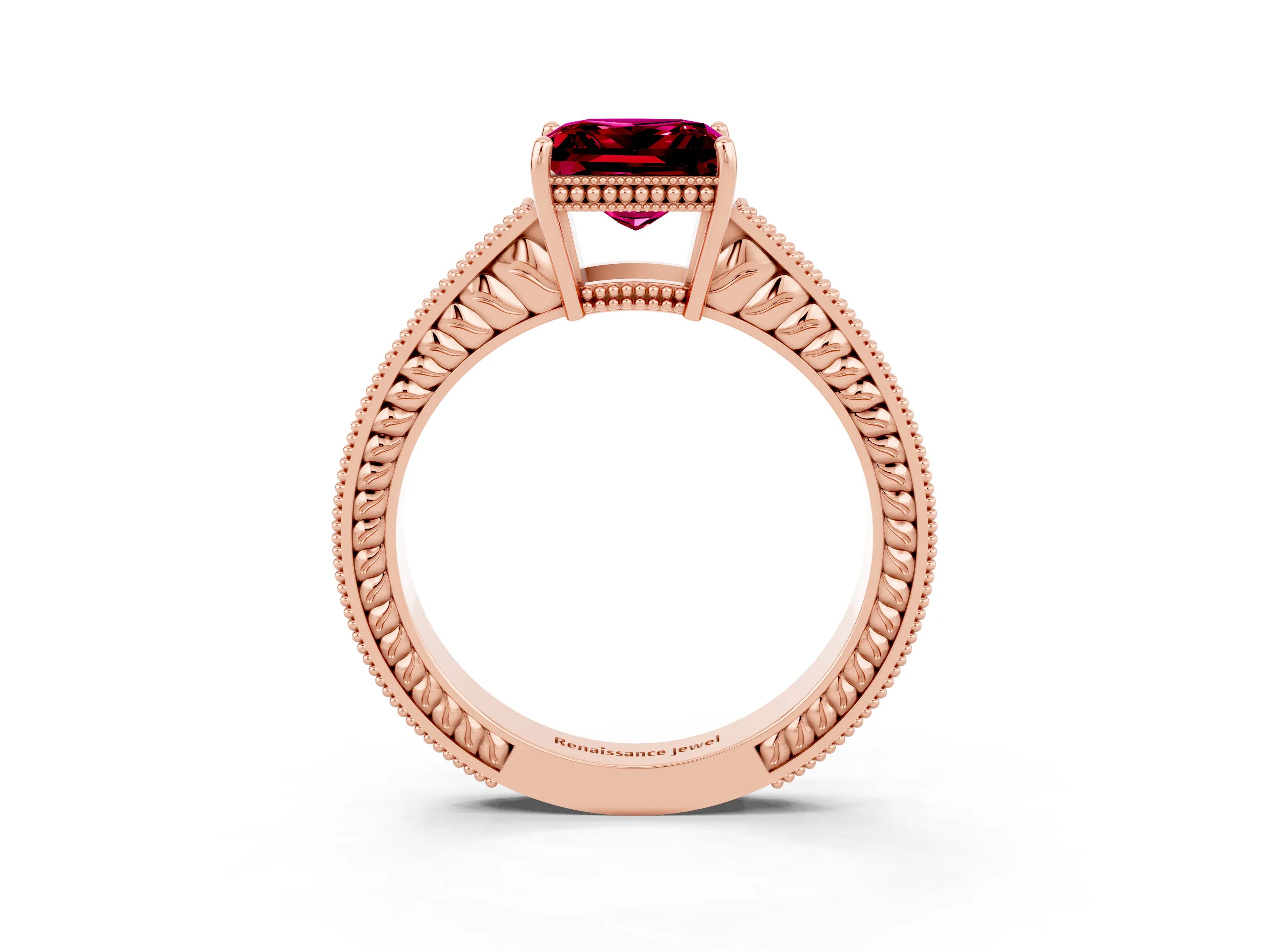 Rose gold Princess Cut Garnet Engagement Ring with Milgrain Channel Set Band and Prong Setting_3