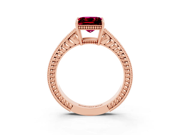 Rose gold Princess Cut Garnet Engagement Ring with Milgrain Channel Set Band and Prong Setting