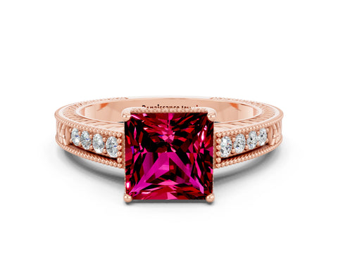 Rose gold Princess Cut Garnet Engagement Ring with Milgrain Channel Set Band and Prong Setting