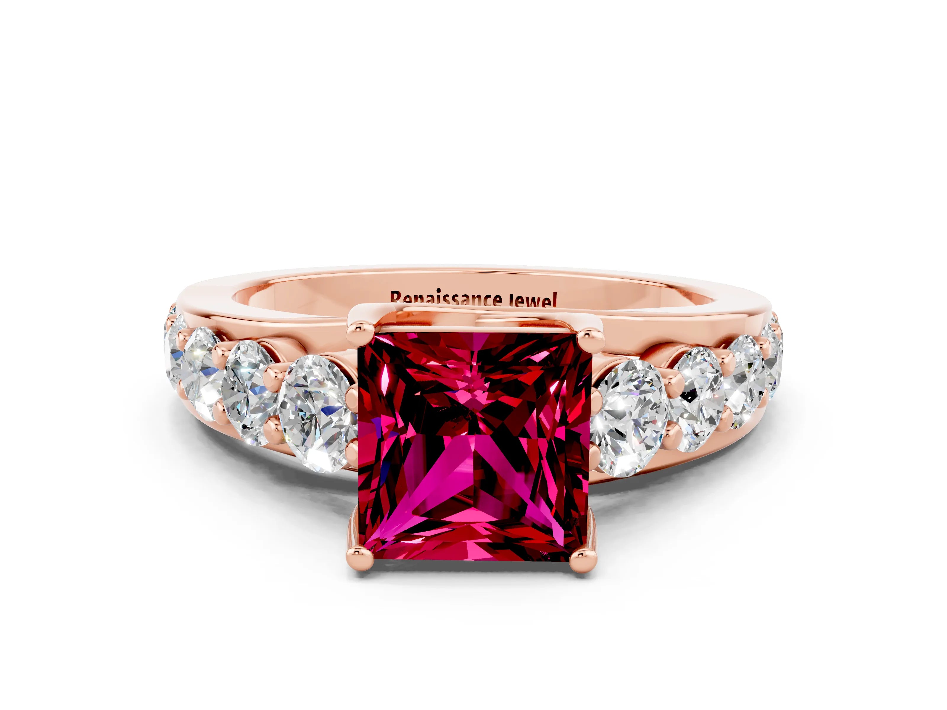 Rose gold Princess Cut Garnet Engagement Ring with Pavé Band and Four-Prong Setting