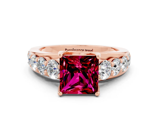 Rose gold Princess Cut Garnet Engagement Ring with Pavé Band and Four-Prong Setting
