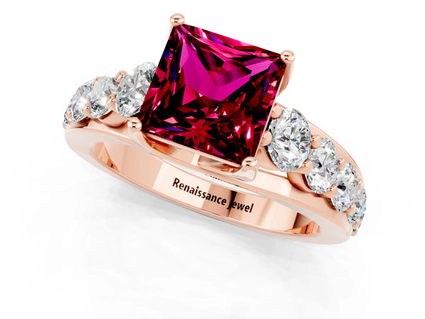 Rose gold Princess Cut Garnet Engagement Ring with Pavé Band and Four-Prong Setting