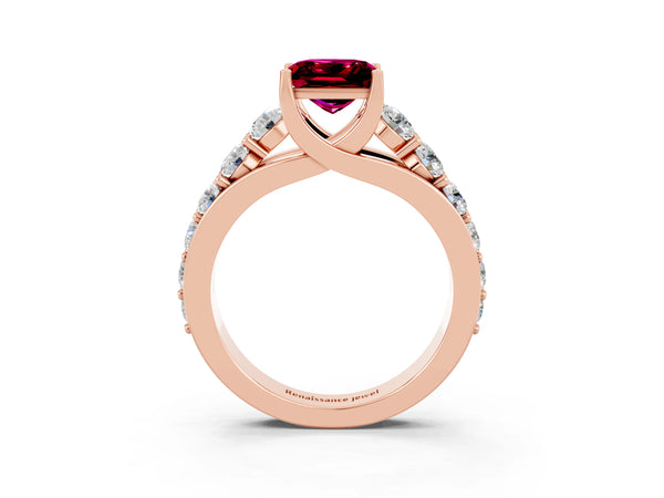 Rose gold Princess Cut Garnet Engagement Ring with Pavé Band and Four-Prong Setting