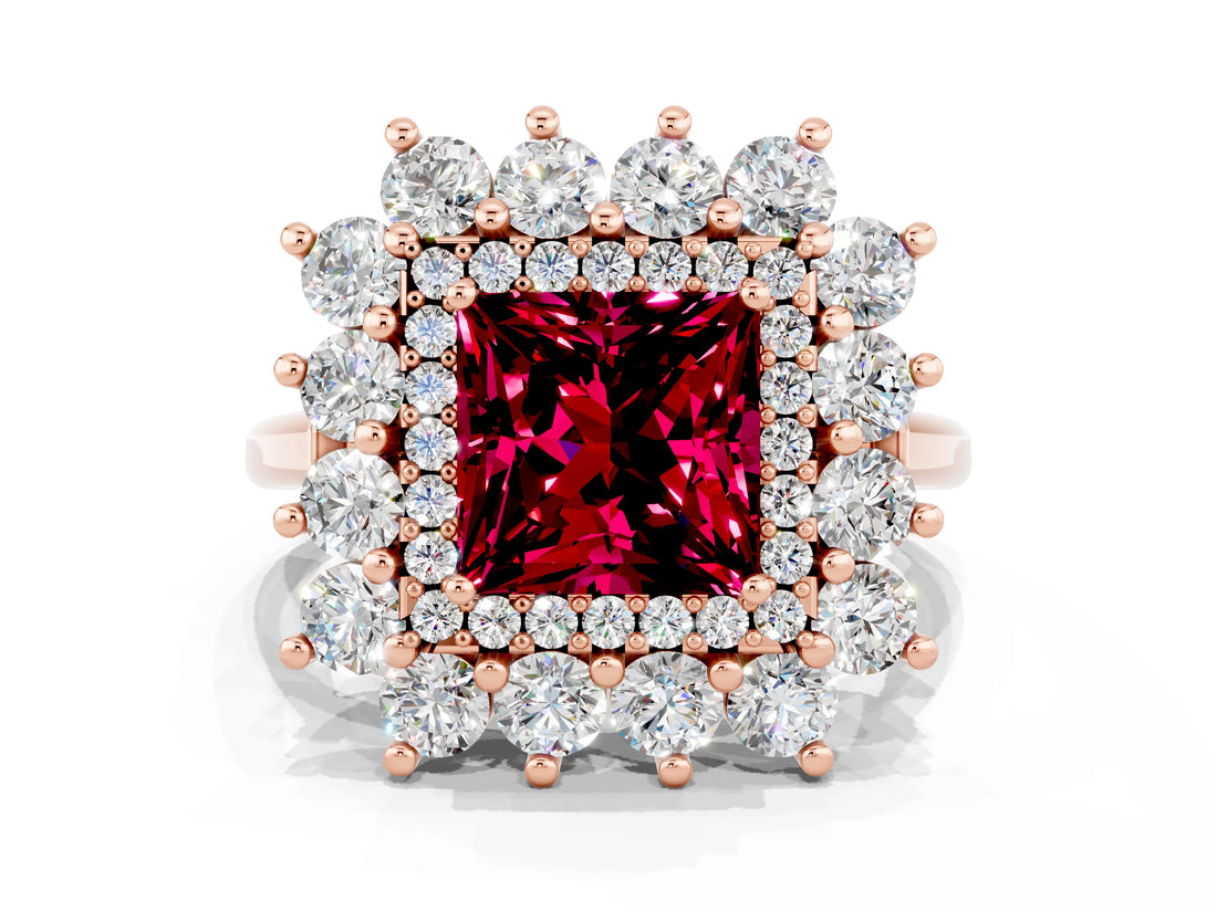Rose gold Princess Cut Garnet Floral Double Halo Engagement Ring with Prong Setting_60