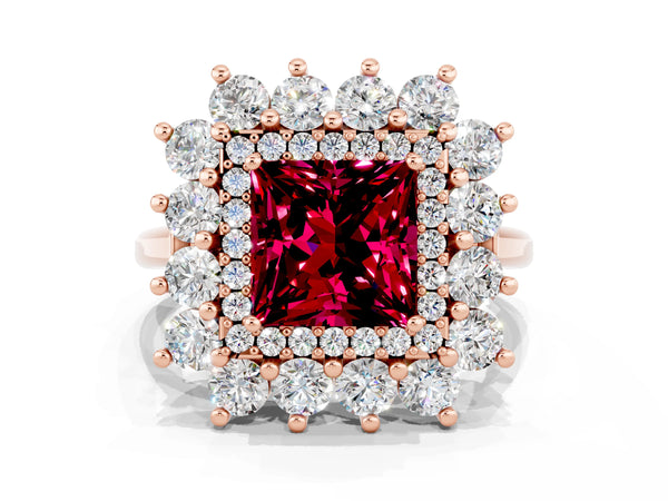 Rose gold Princess Cut Garnet Floral Double Halo Engagement Ring with Prong Setting