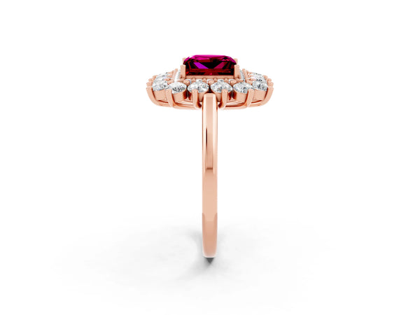Rose gold Princess Cut Garnet Floral Double Halo Engagement Ring with Prong Setting