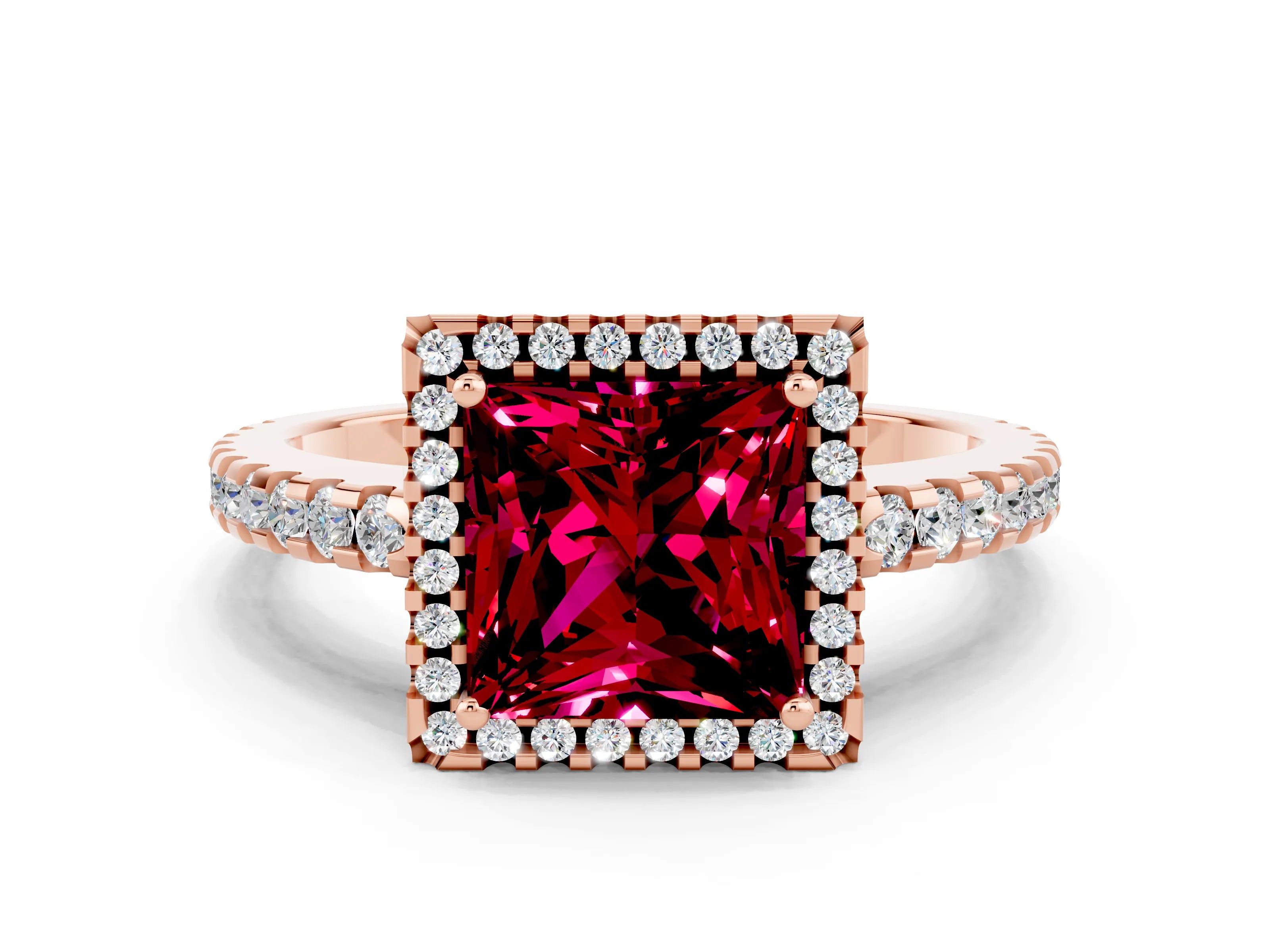 Rose gold Princess Cut Garnet Halo Engagement Ring with Pavé Band and Prong Setting_12