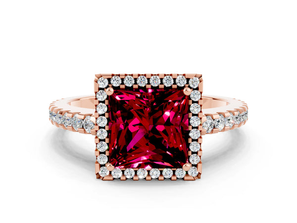 Rose gold Princess Cut Garnet Halo Engagement Ring with Pavé Band and Prong Setting