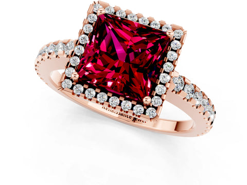 Rose gold Princess Cut Garnet Halo Engagement Ring with Pavé Band and Prong Setting_13
