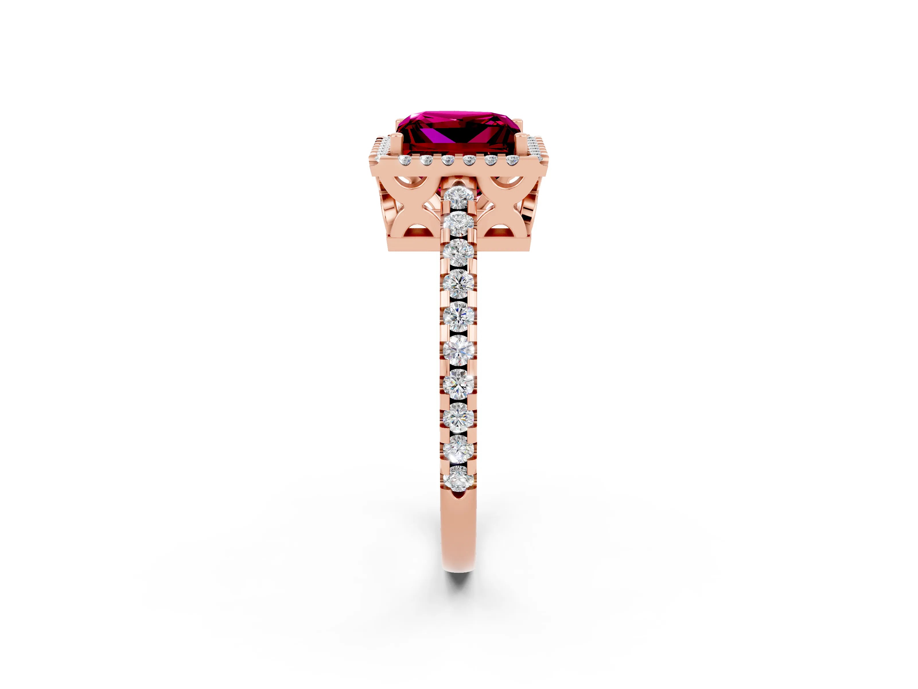 Rose gold Princess Cut Garnet Halo Engagement Ring with Pavé Band and Prong Setting_14