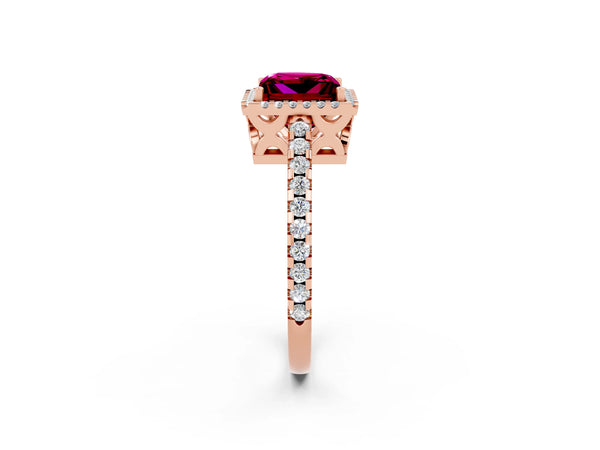 Rose gold Princess Cut Garnet Halo Engagement Ring with Pavé Band and Prong Setting