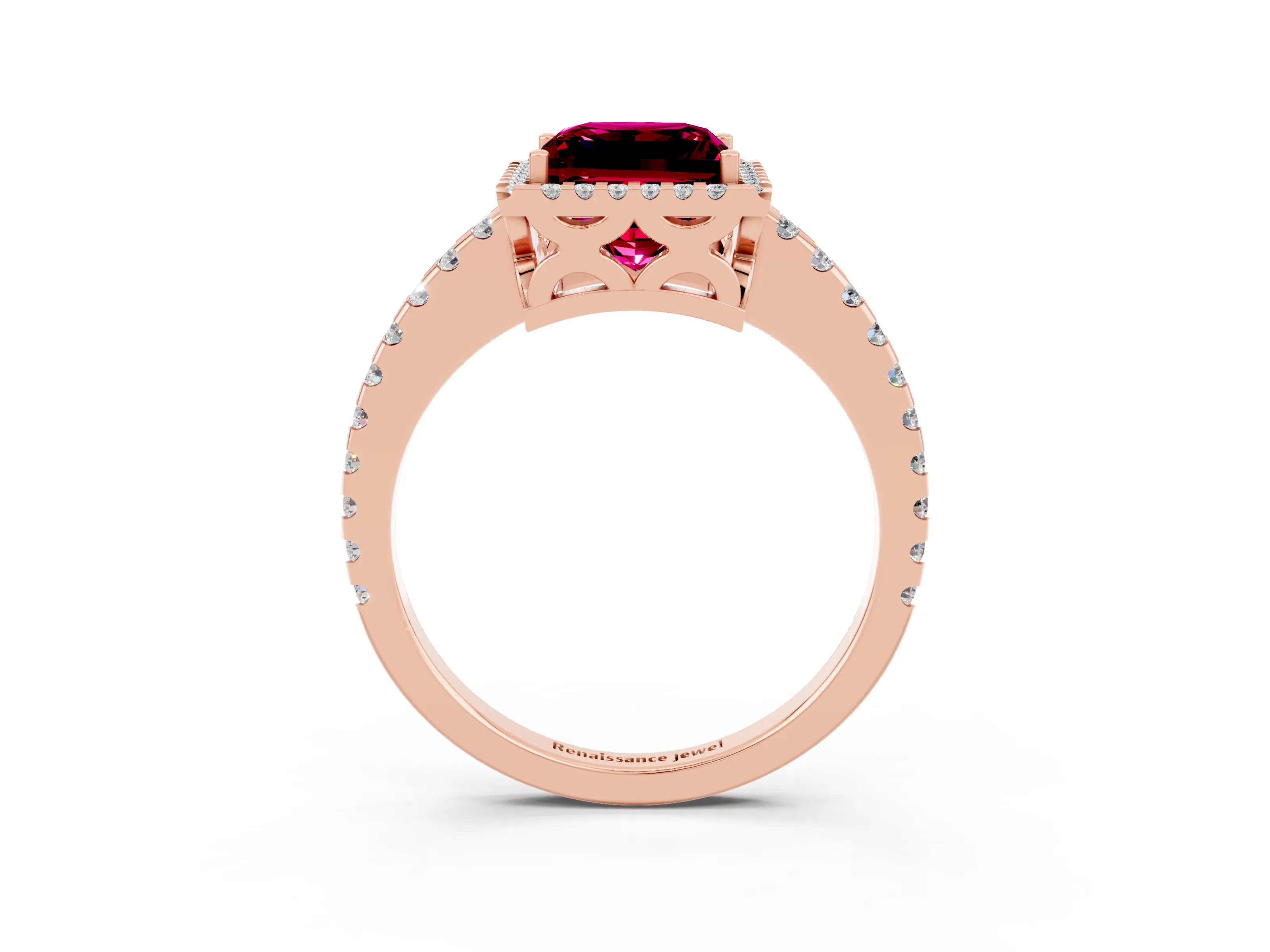 Rose gold Princess Cut Garnet Halo Engagement Ring with Pavé Band and Prong Setting_15