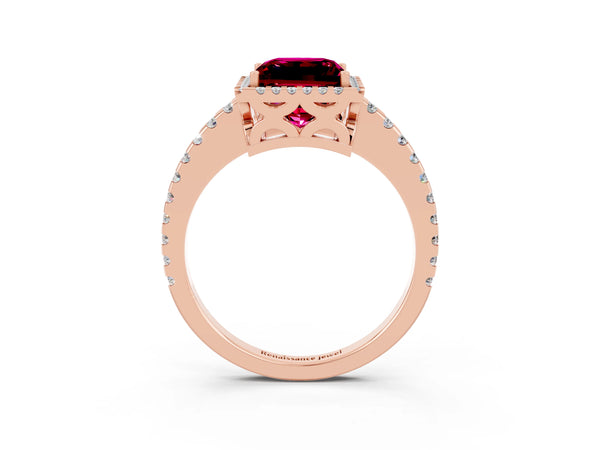 Rose gold Princess Cut Garnet Halo Engagement Ring with Pavé Band and Prong Setting