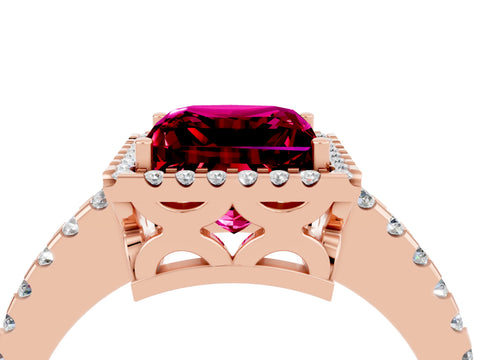 Rose gold Princess Cut Garnet Halo Engagement Ring with Pavé Band and Prong Setting_16