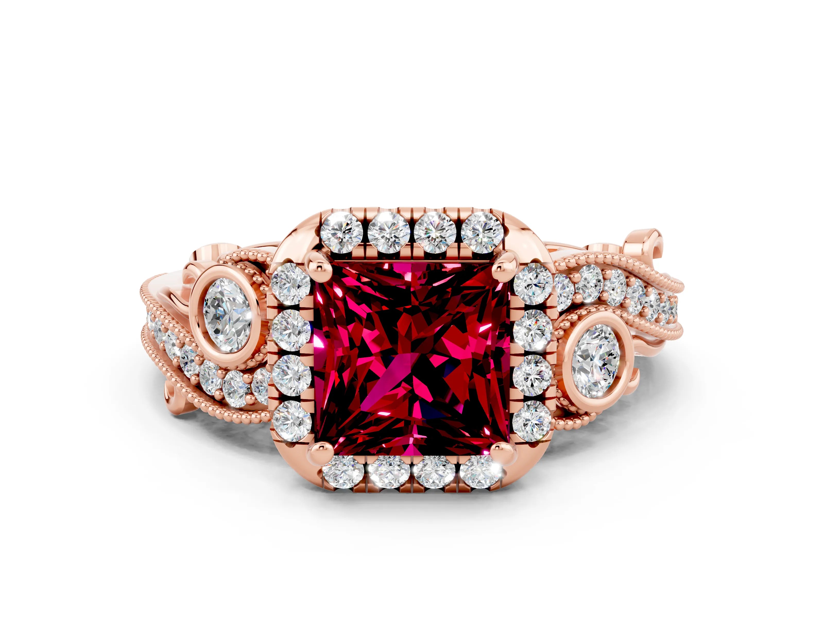 Rose gold Princess Cut Garnet Halo Ring with Milgrain Pavé Band and Four-Prong Setting_44