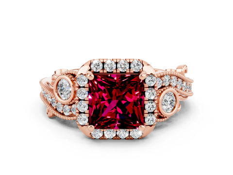 Rose gold Princess Cut Garnet Halo Ring with Milgrain Pavé Band and Four-Prong Setting_44