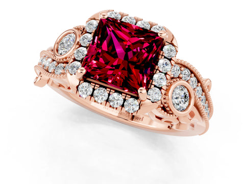 Rose gold Princess Cut Garnet Halo Ring with Milgrain Pavé Band and Four-Prong Setting_45