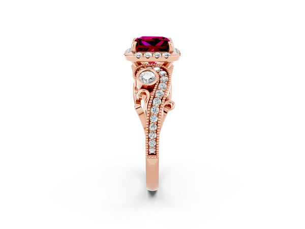 Rose gold Princess Cut Garnet Halo Ring with Milgrain Pavé Band and Four-Prong Setting