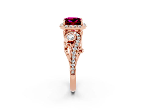 Rose gold Princess Cut Garnet Halo Ring with Milgrain Pavé Band and Four-Prong Setting_46