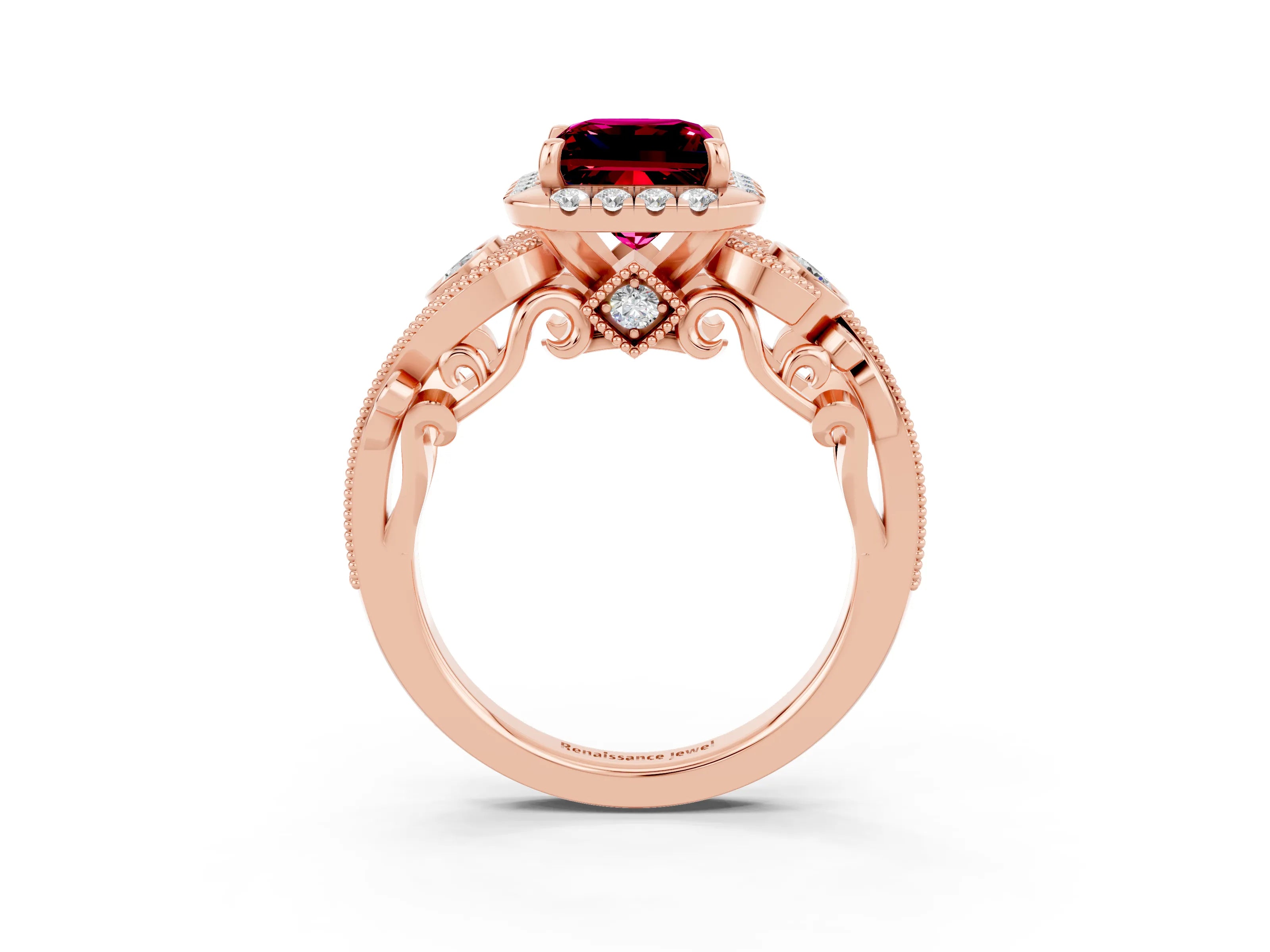 Rose gold Princess Cut Garnet Halo Ring with Milgrain Pavé Band and Four-Prong Setting_47