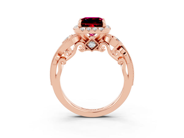 Rose gold Princess Cut Garnet Halo Ring with Milgrain Pavé Band and Four-Prong Setting