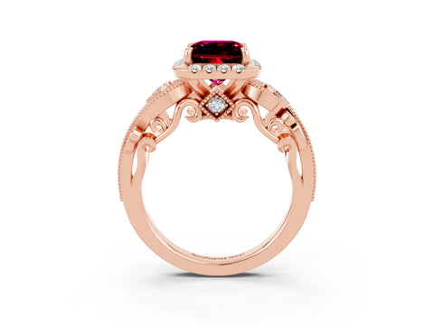 Rose gold Princess Cut Garnet Halo Ring with Milgrain Pavé Band and Four-Prong Setting_47