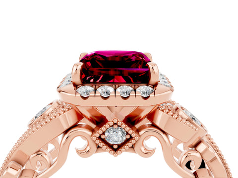Rose gold Princess Cut Garnet Halo Ring with Milgrain Pavé Band and Four-Prong Setting_48