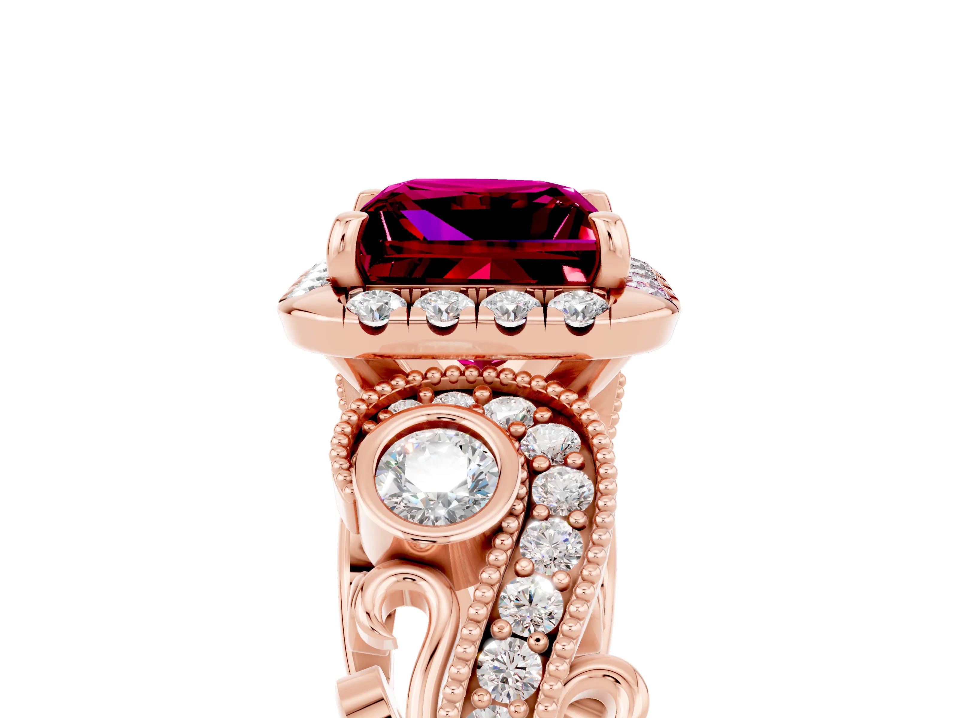Rose gold Princess Cut Garnet Halo Ring with Milgrain Pavé Band and Four-Prong Setting_49