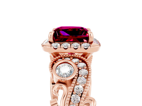 Rose gold Princess Cut Garnet Halo Ring with Milgrain Pavé Band and Four-Prong Setting_49
