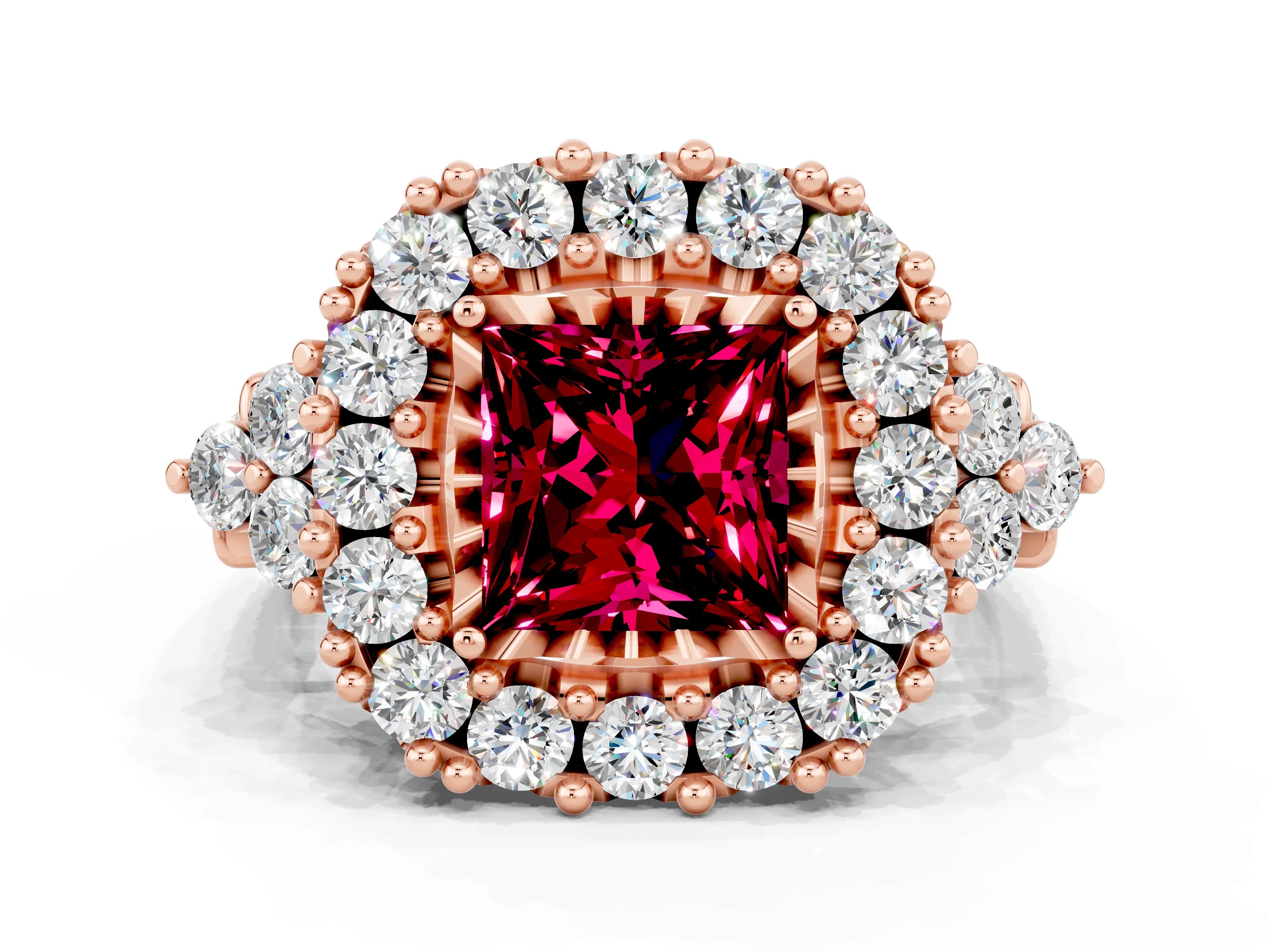 Rose gold Princess Cut Garnet Halo Ring with Pavé Band and Four-Prong Setting_12