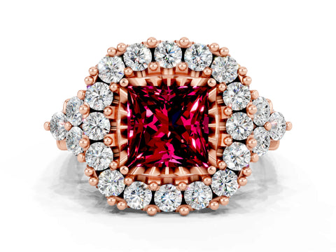 Rose gold Princess Cut Garnet Halo Ring with Pavé Band and Four-Prong Setting_12