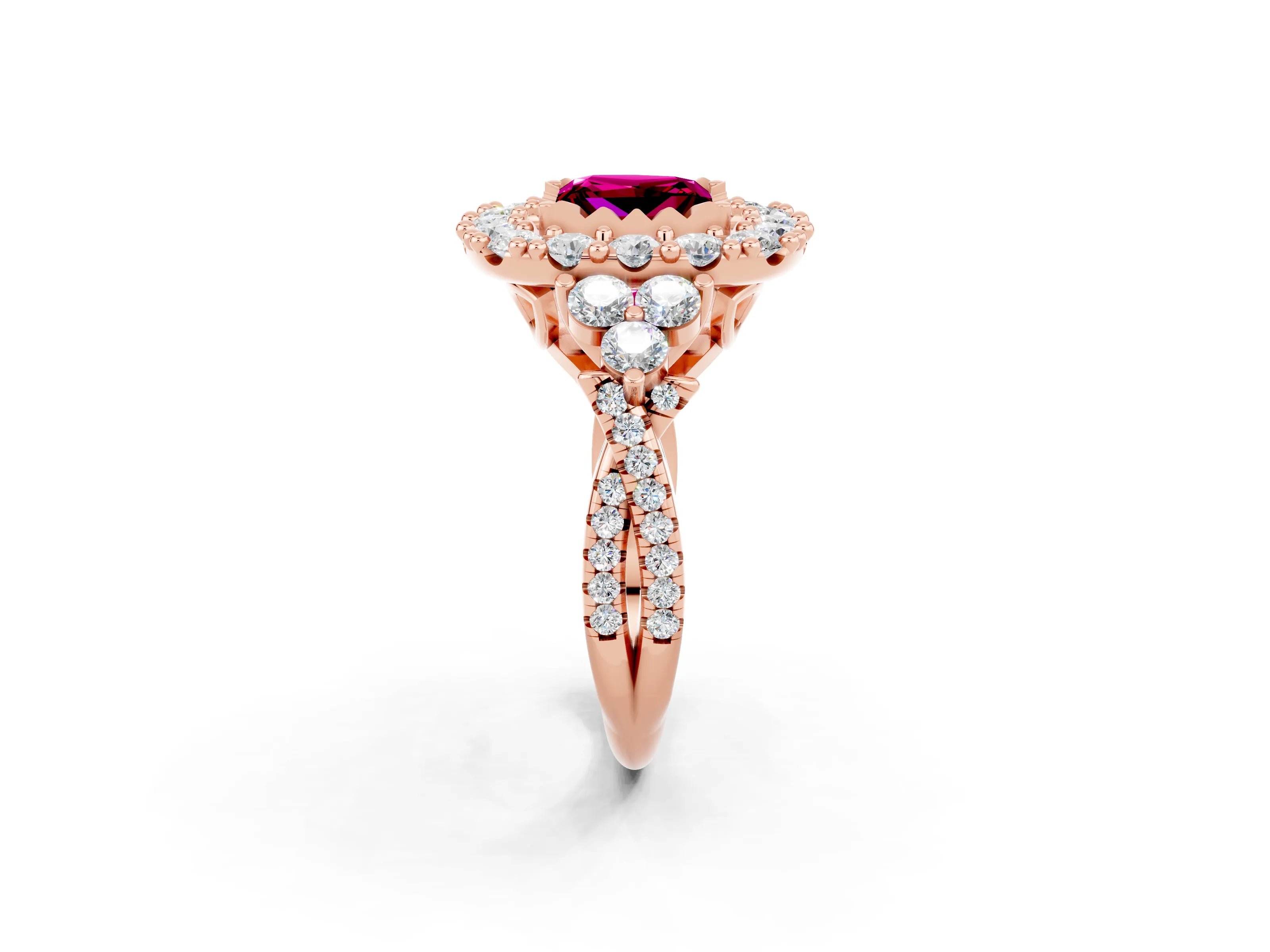 Rose gold Princess Cut Garnet Halo Ring with Pavé Band and Four-Prong Setting_14