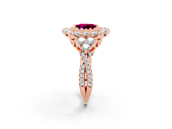 Rose gold Princess Cut Garnet Halo Ring with Pavé Band and Four-Prong Setting