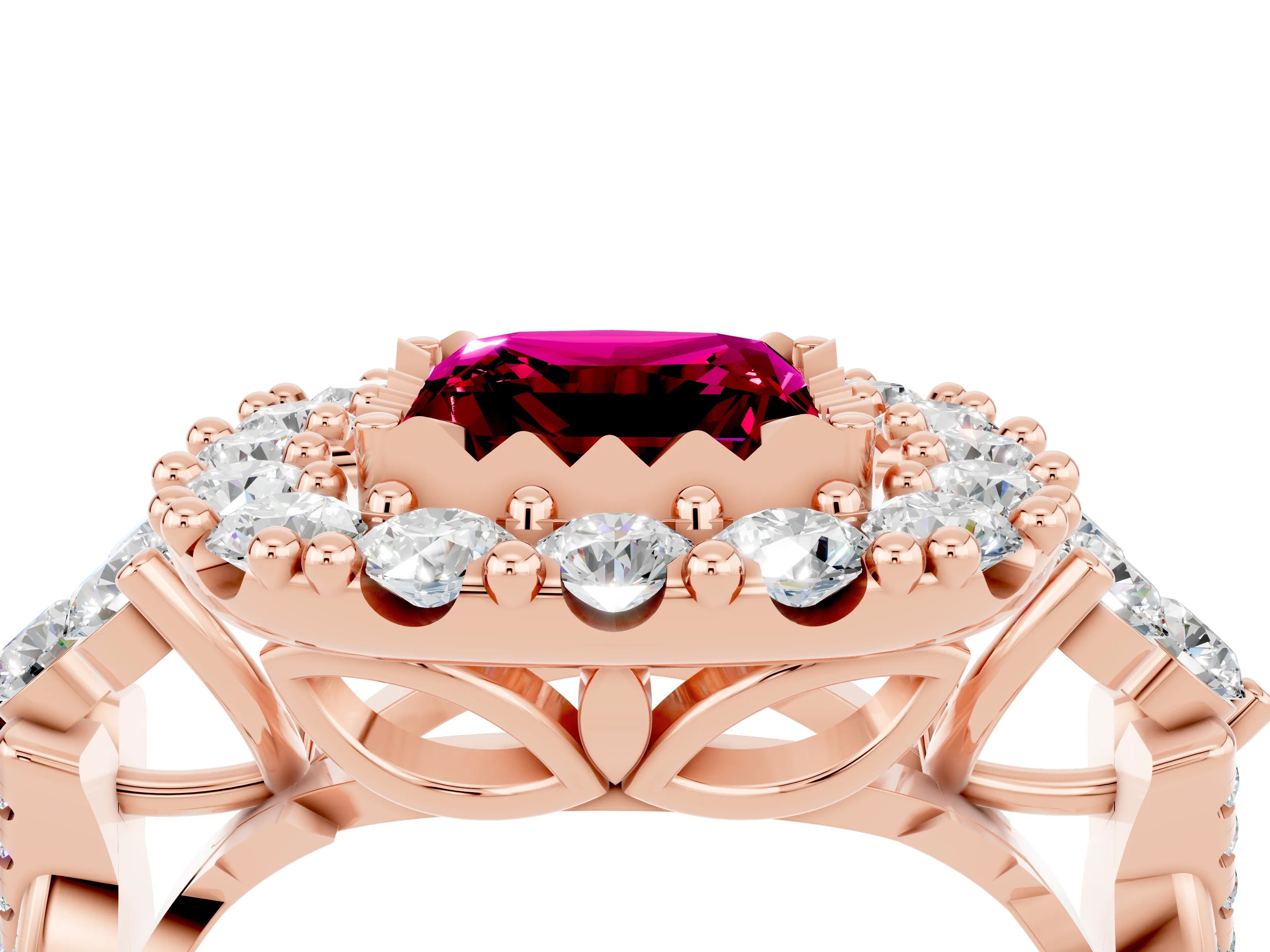 Rose gold Princess Cut Garnet Halo Ring with Pavé Band and Four-Prong Setting_16