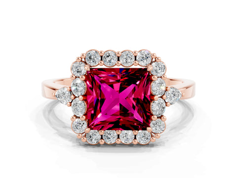 Rose gold Princess Cut Garnet Halo Ring with Pear Side Stones and Prong Setting_12