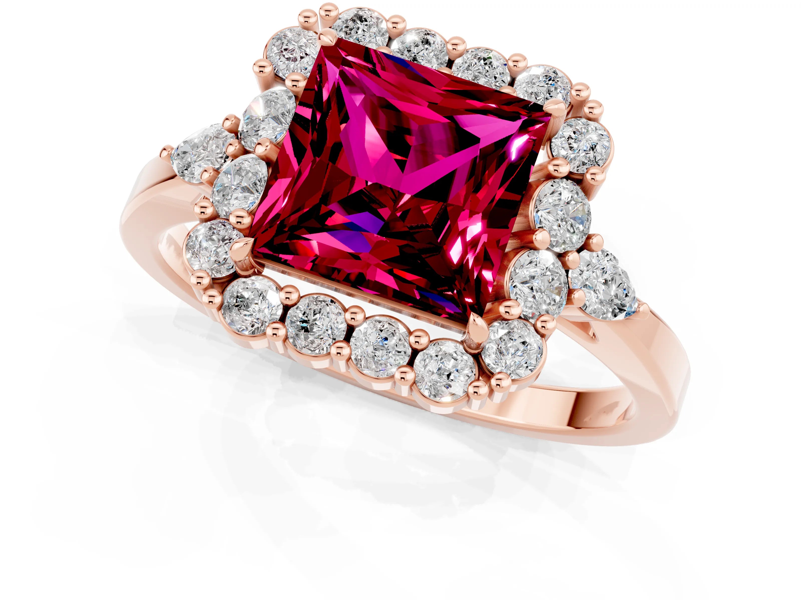 Rose gold Princess Cut Garnet Halo Ring with Pear Side Stones and Prong Setting_13