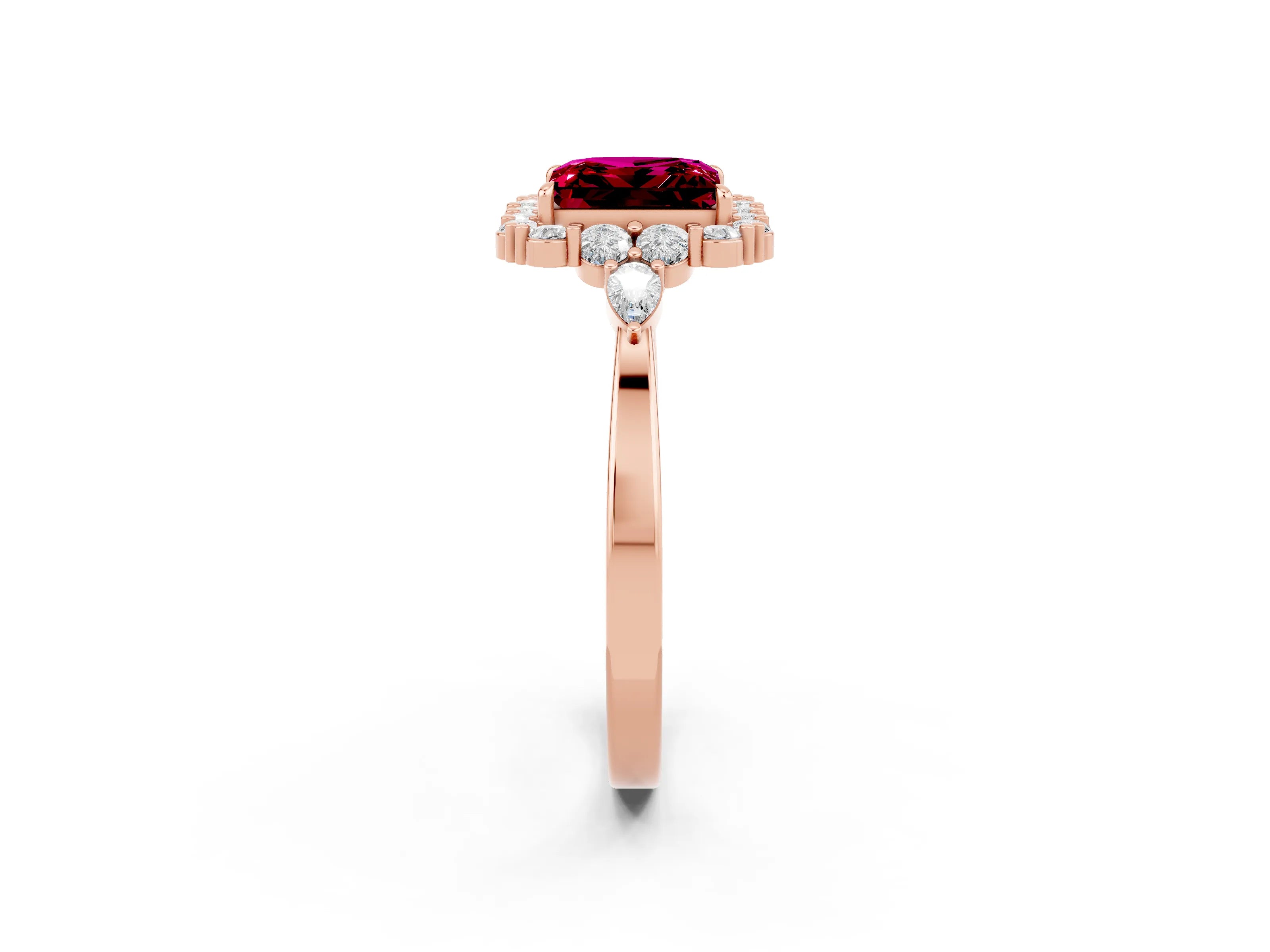 Rose gold Princess Cut Garnet Halo Ring with Pear Side Stones and Prong Setting_14