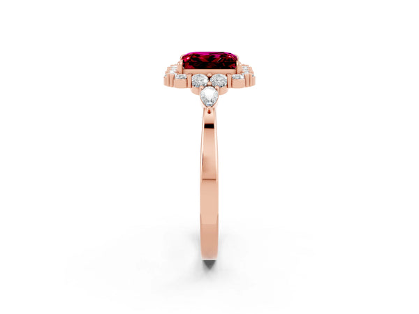 Rose gold Princess Cut Garnet Halo Ring with Pear Side Stones and Prong Setting