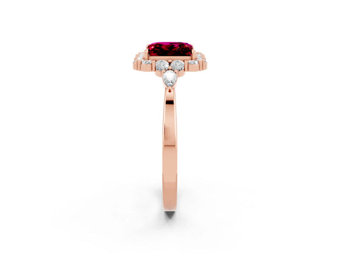 Rose gold Princess Cut Garnet Halo Ring with Pear Side Stones and Prong Setting_14