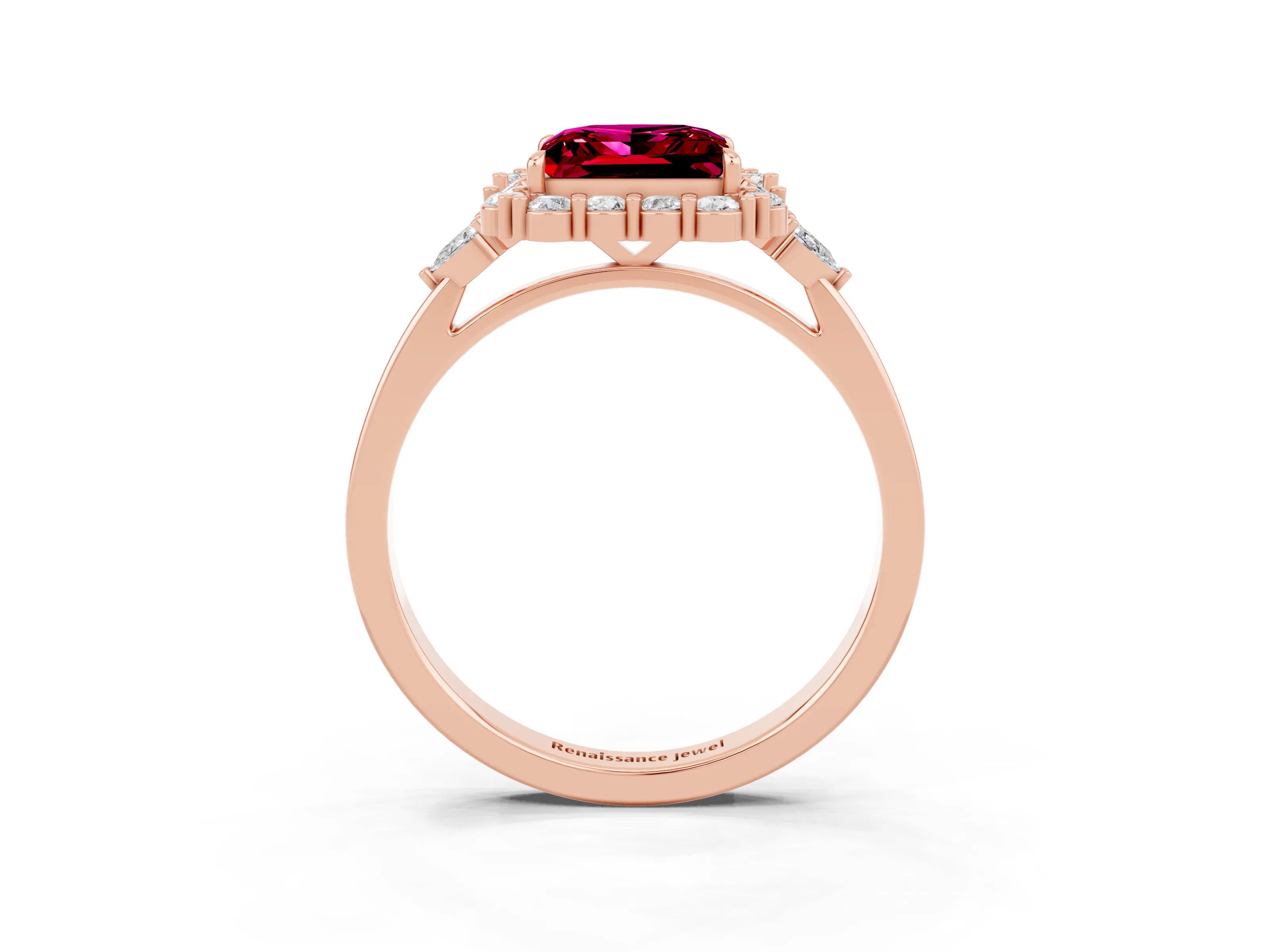 Rose gold Princess Cut Garnet Halo Ring with Pear Side Stones and Prong Setting_15