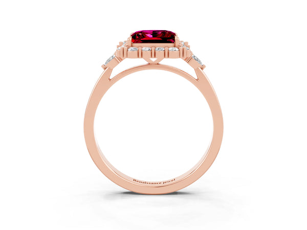Rose gold Princess Cut Garnet Halo Ring with Pear Side Stones and Prong Setting