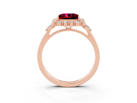 Rose gold Princess Cut Garnet Halo Ring with Pear Side Stones and Prong Setting_15