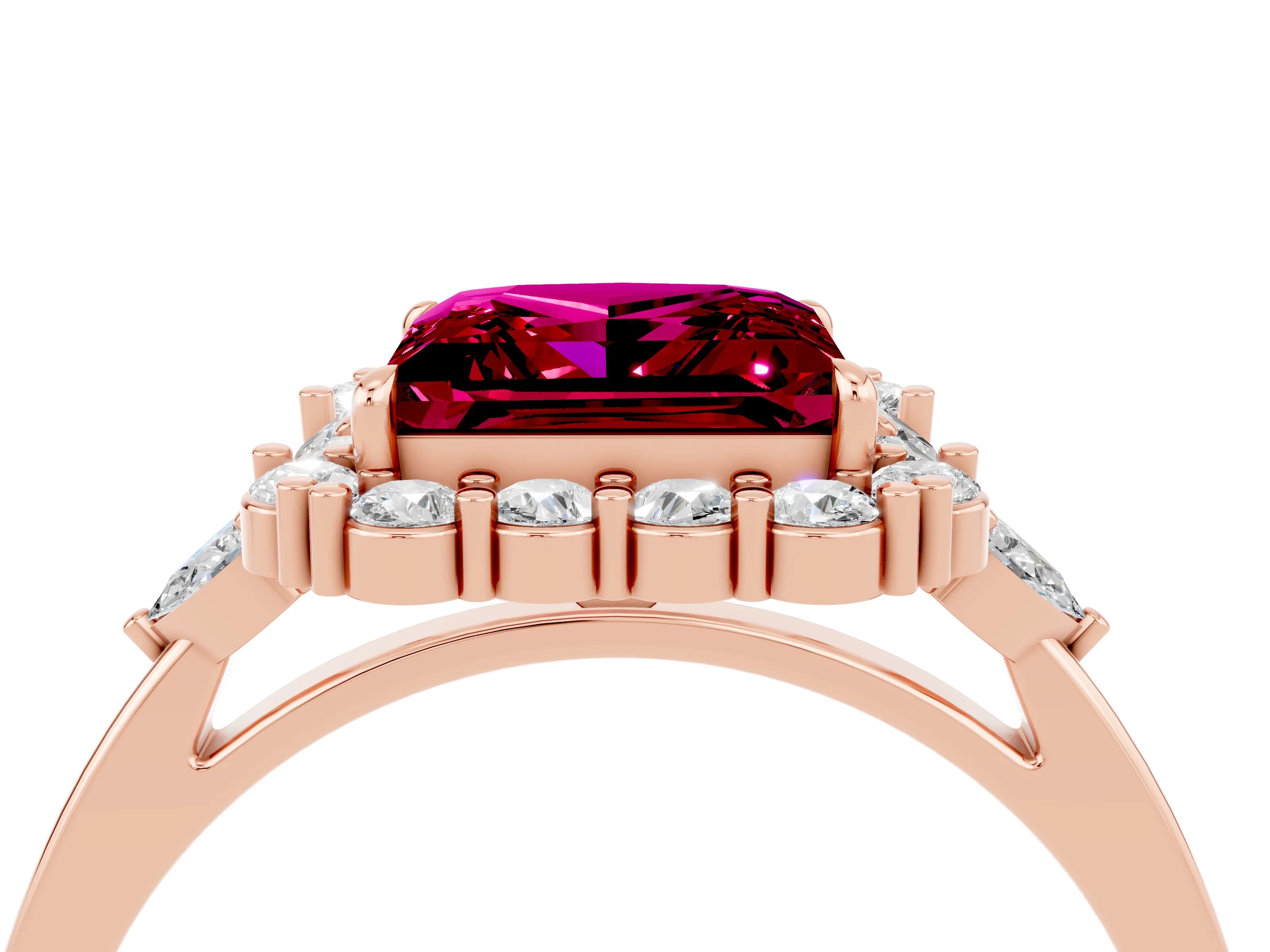 Rose gold Princess Cut Garnet Halo Ring with Pear Side Stones and Prong Setting_16