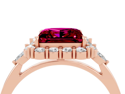 Rose gold Princess Cut Garnet Halo Ring with Pear Side Stones and Prong Setting_16