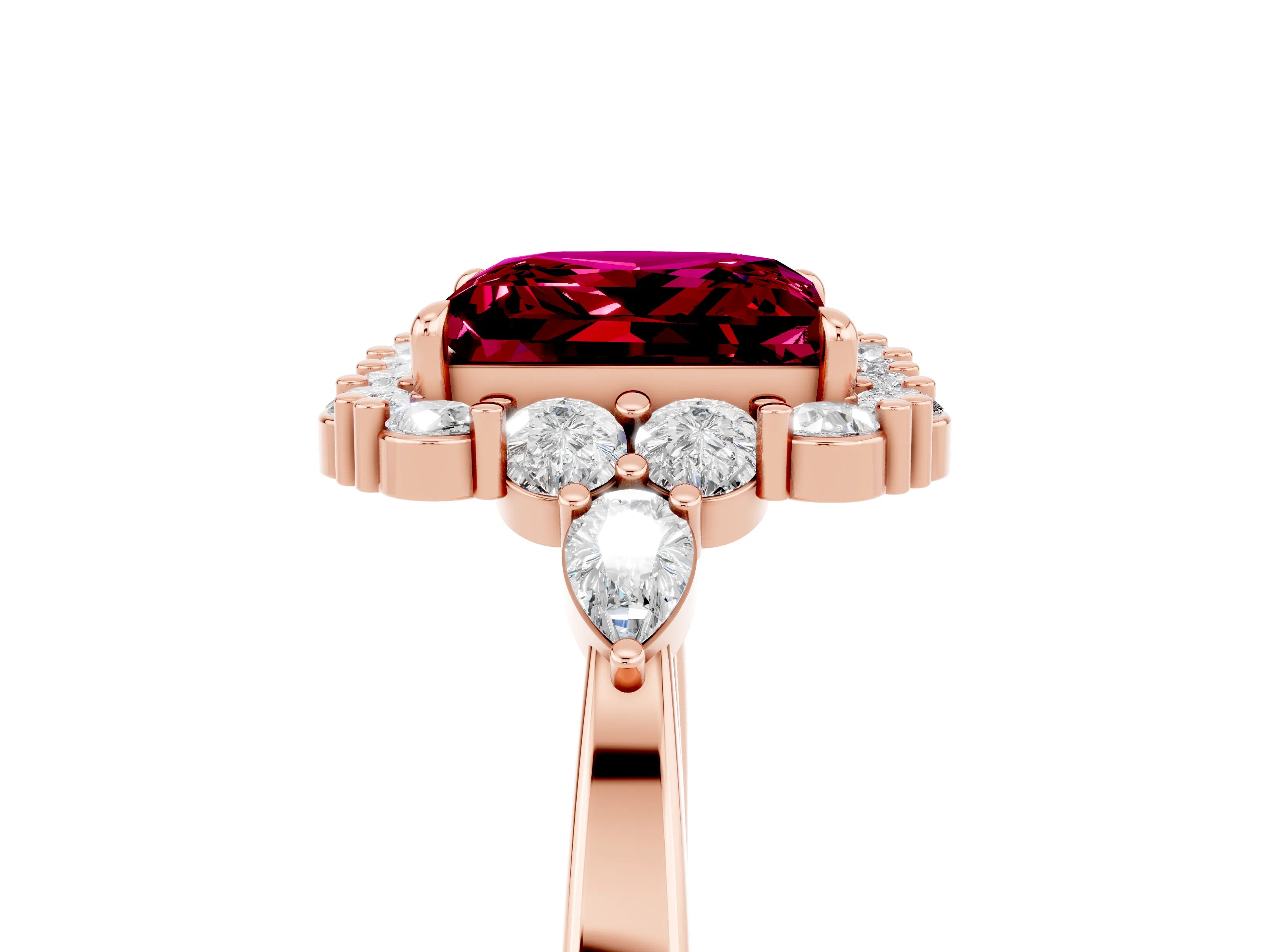 Rose gold Princess Cut Garnet Halo Ring with Pear Side Stones and Prong Setting_17