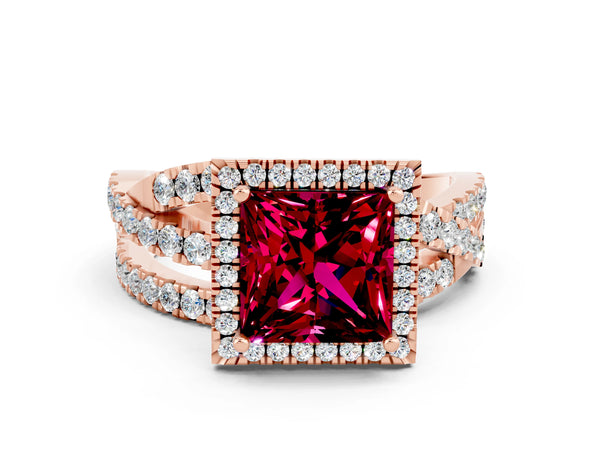 Rose gold Princess Cut Garnet Halo Ring with Round Split Shank and Prong Setting