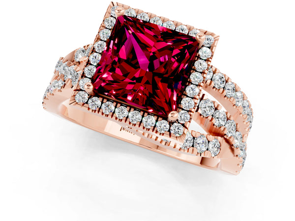 Rose gold Princess Cut Garnet Halo Ring with Round Split Shank and Prong Setting