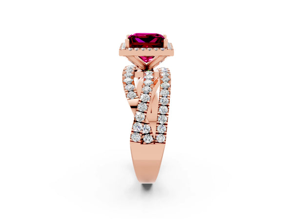 Rose gold Princess Cut Garnet Halo Ring with Round Split Shank and Prong Setting