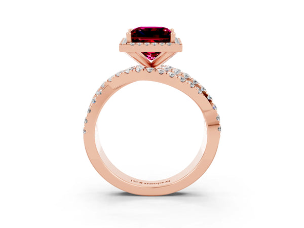 Rose gold Princess Cut Garnet Halo Ring with Round Split Shank and Prong Setting