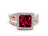Rose gold Princess Cut Garnet Halo Ring with Round Split Shank and Prong Setting_48